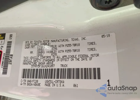 2018 Toyota Tundra Sr5 5.7L V8 z USA, uszkodzony, nr VIN 5TFRY5F18JX241097